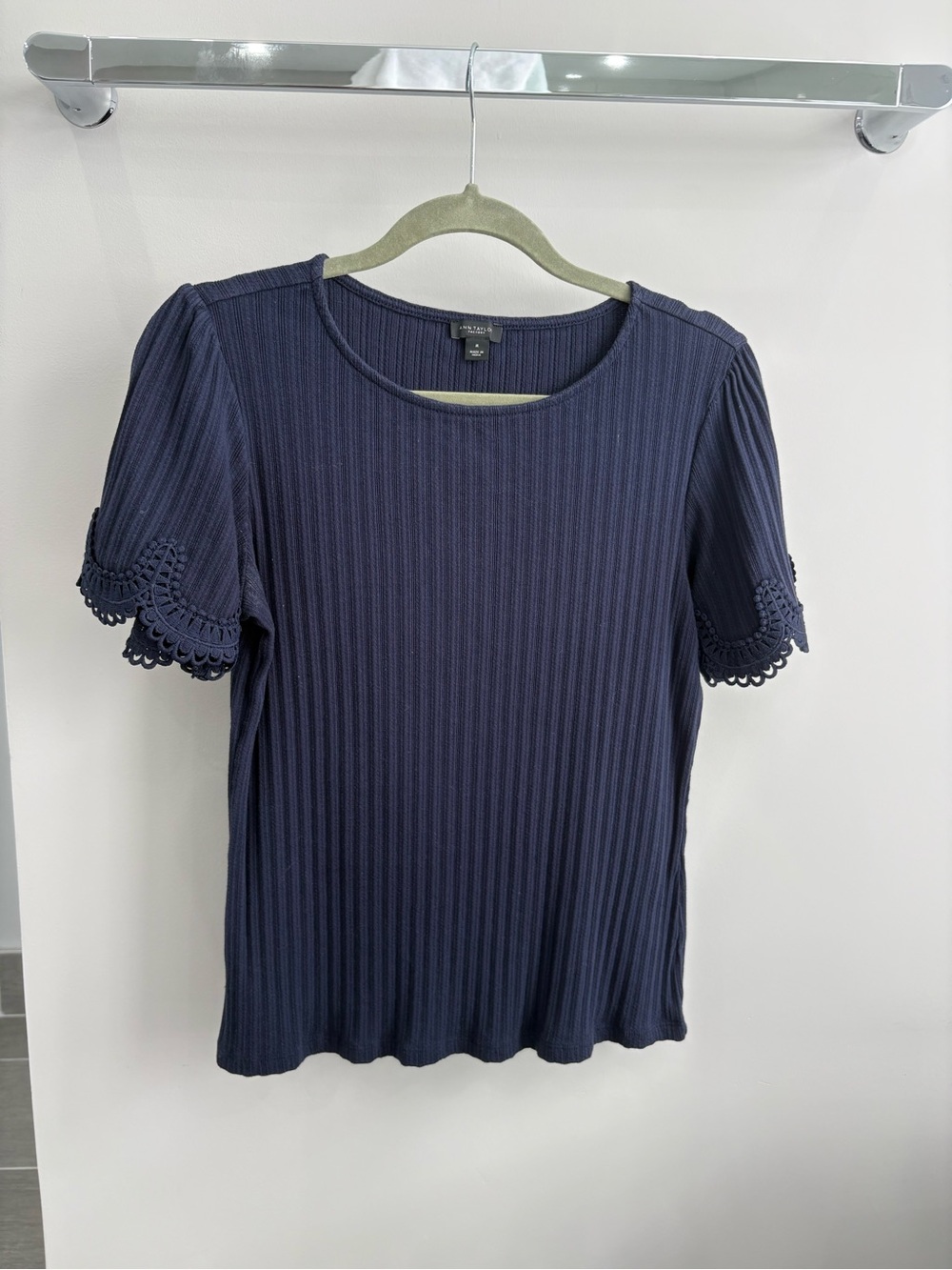 Ann Taylor Navy Ribbed Short Sleeve Top with Crochet Trim